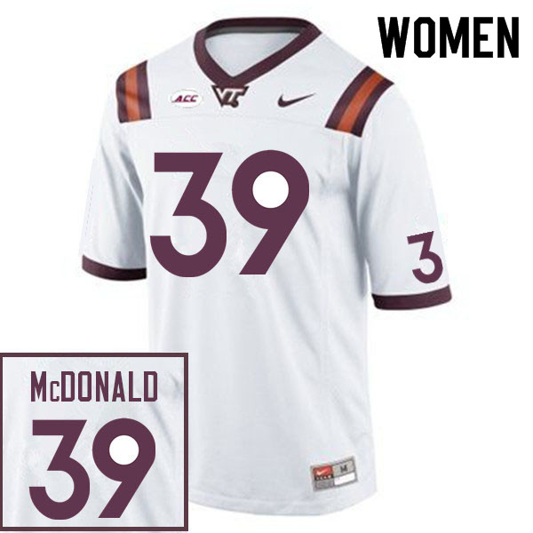 Women #39 Jorden McDonald Virginia Tech Hokies College Football Jerseys Sale-White - Click Image to Close